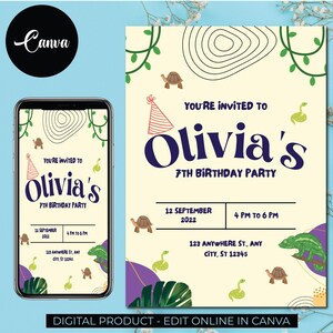 Op de afbeelding: Een digitale uitnodiging voor een 7e verjaardagsfeestje. De uitnodiging is geel met groene wijnstokken, paarse en groene swirls en illustraties van schildpadden en een krokodil. De tekst luidt "Je bent uitgenodigd voor Olivia's 7e verjaardagsfeestje" met de datum, tijd en het adres eronder.