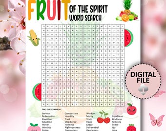 Woordzoeker Fruit of the Spirit, christelijke spellen, religieuze woordzoeker, zondagsschoolactiviteit, bijbelgroepsspel, woordzoeker in de kerk