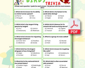 Könnte beinhalten: Ein druckbares PDF-Quizspiel über Vögel, in Grün und Weiß. Das Spiel enthält zehn Multiple-Choice-Fragen. Der Titel "BIRDS TRIVIA" steht oben, mit Vogelillustrationen und einem PDF-Symbol.