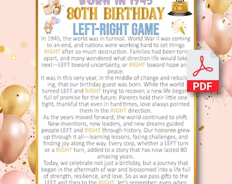 May include: A colorful birthday-themed PDF document with the text "BORN IN 1945 80TH BIRTHDAY LEFT-RIGHT GAME." The document includes text about a life journey and a PDF icon.
