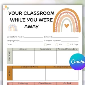 May include: A printable classroom substitute teacher report with the text "YOUR CLASSROOM WHILE YOU WERE AWAY". The report includes sections for student attendance, work completion, and behavior observations. A rainbow graphic and the Canva logo are also present.