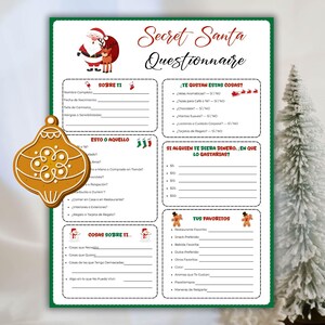 May include: A Christmas-themed Secret Santa questionnaire with a green border. The questionnaire includes sections for personal details, preferences, and gift ideas. A gingerbread ornament hangs on the left side of the image.