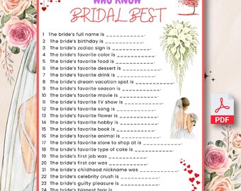 Who knows the Bridal Best Game, Printable How well do you know the Bride, Minimalist Wedding Game Template, Modern Bridal Shower Game