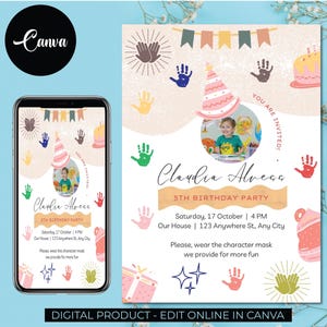 May include: A digital invitation for a 5th birthday party with a colourful handprint theme. The invitation features a photo of the birthday girl, Claudia Alveça, and the text "You are invited!" in a pink circle. The invitation also includes the date and time of the party, the location, and a request for guests to wear a character mask.