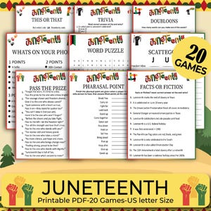 Pode incluir: Uma coleção de 20 jogos Juneteenth imprimíveis em formato PDF. Os jogos incluem trivia, quebra-cabeças de palavras e um jogo "Isto ou Aquilo". O design apresenta detalhes em vermelho, verde e amarelo.