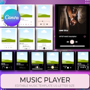 May include: A collection of music player templates in various designs. The templates feature a landscape image, song title, artist name, and playback controls. The designs include both light and dark themes, with a US-Letter size. The Canva logo is also visible.
