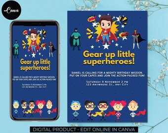 Modello di invito di compleanno per supereroi modificabile, invito per festa di compleanno stampabile, modello di invito per festa per bambini, biglietto di compleanno per supereroi