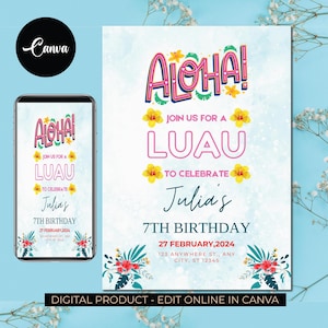Editable Aloha pool party invitation, Tropical birthday pool party, Hawaiian pool birthday invite, Summer Party Invite, Luau Birthday