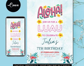 Editable Aloha pool party invitation, Tropical birthday pool party, Hawaiian pool birthday invite, Summer Party Invite, Luau Birthday