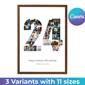Number 24 Photo collage, Personalized 24 Gift, Collage of photos, Birthday gift, Anniversary Gift, Print, Canva Number Frames, Home Decor