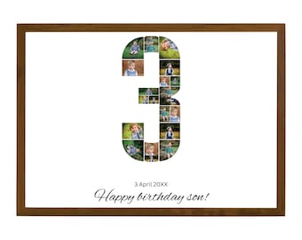 Modello di collage fotografico per il 3° compleanno, cartello per la pietra miliare della foto del 3° compleanno, numero 3, modello di poster fotografico modificabile per il 3° compleanno, Canva