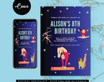 Invitación de cumpleaños de gimnasia, invitaciones de gimnasia de descarga instantánea, invitaciones de gimnasia, Canva 5x7, invitación de gimnastas que hacen volteretas