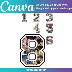 May include: A set of eight black and white number frames with a white background. Each frame is filled with a collage of photos. The numbers are 1, 2, 3, 4, 5, 6, and 8. The text "Drag and drop your own images!" is at the top of the image. The text "DRAG AND DROP" is at the bottom of the image.