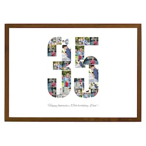May include: A framed photo collage of a number 35 made from photos. The text "Happy fantastic 35th birthday, Dad!" is printed below the number.
