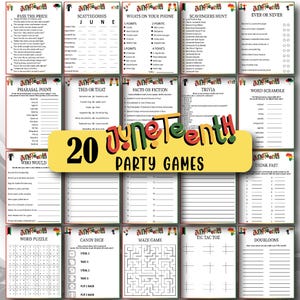 Pode incluir: Uma coleção de 20 jogos para a festa Juneteenth, incluindo perguntas e respostas, quebra-cabeças de palavras e caça ao tesouro. Os jogos são impressos em cartões individuais com cabeçalhos coloridos e as palavras "Juneteenth" e "Party Games".