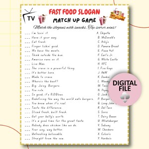 Fast Food Slogan Trivia Game, TV Commercial Slogan Trivia Game, Family Game Night, Fast Food Party Game, Fast Food Trivia Fun, Food Trivia