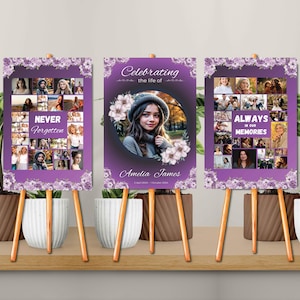 May include: Three purple and white floral photo collage memorial signs with easel stands. The center sign reads "Celebrating the life of Amelia James 1 April 2000 - 1 October 2019". The left sign reads "Never Forgotten" and the right sign reads "Always in our Memories".