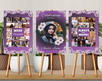 Purple Floral Funeral Photo Collage Sign Template Set, Funeral Welcome Sign, Celebration Poster, Loving Memory Board, Canva Memorial Collage