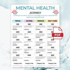 Może przedstawiać: Arkusz gry Mental Health Jeopardy z czterema kategoriami: Trivia, Saying, Riddles i Self-Care. Każda kolumna zawiera wartości punktowe od 100 do 500 z pytaniami i miejscami na odpowiedzi. Nagłówek zawiera dwie ilustracje różowych mózgów.