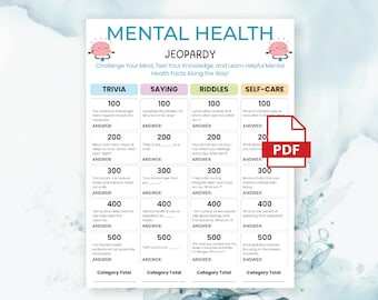 May include: A Mental Health Jeopardy game sheet featuring four categories: Trivia, Saying, Riddles, and Self-Care. Each column contains point values from 100 to 500 with corresponding questions and answer spaces. The header includes two pink brain illustrations.