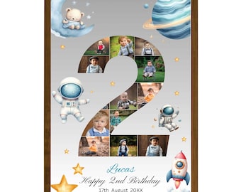 宇宙の誕生日の数字2の写真コラージュ、編集可能な2歳の誕生日のポスターテンプレート、誕生日プレゼント、2歳の誕生日の写真マイルストーンサイン、Canva