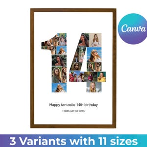 May include: A brown wood framed photo with a white background. The number 14 is made up of photos of people. The text "Happy fantastic 14th birthday" and "FEBRUARY 1st 20XX" is below the number.