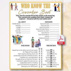 May include: A printable game sheet in yellow and white, titled "Who Know the Coworker Best." The game includes questions about colleagues and "Ever Never" and "This or That" sections. A PDF icon is visible in the corner.