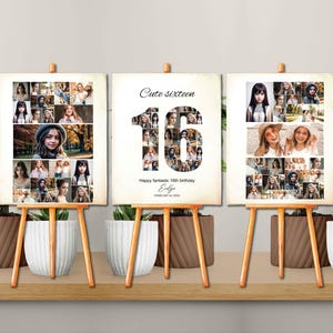 May include: Three photo collage canvases with a rustic white background. The canvases are on wooden easels. The center canvas has the number 16 made of photos and the text "Cute sixteen" and "Happy fantastic 16th birthday" with a name and date. The left and right canvases are filled with photos.