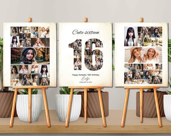 16th Birthday Welcome Sign Template Set, Printable Sixteenth Birthday Photo Collage Bundle, Celebration Board for Boy or Girl, Customizable