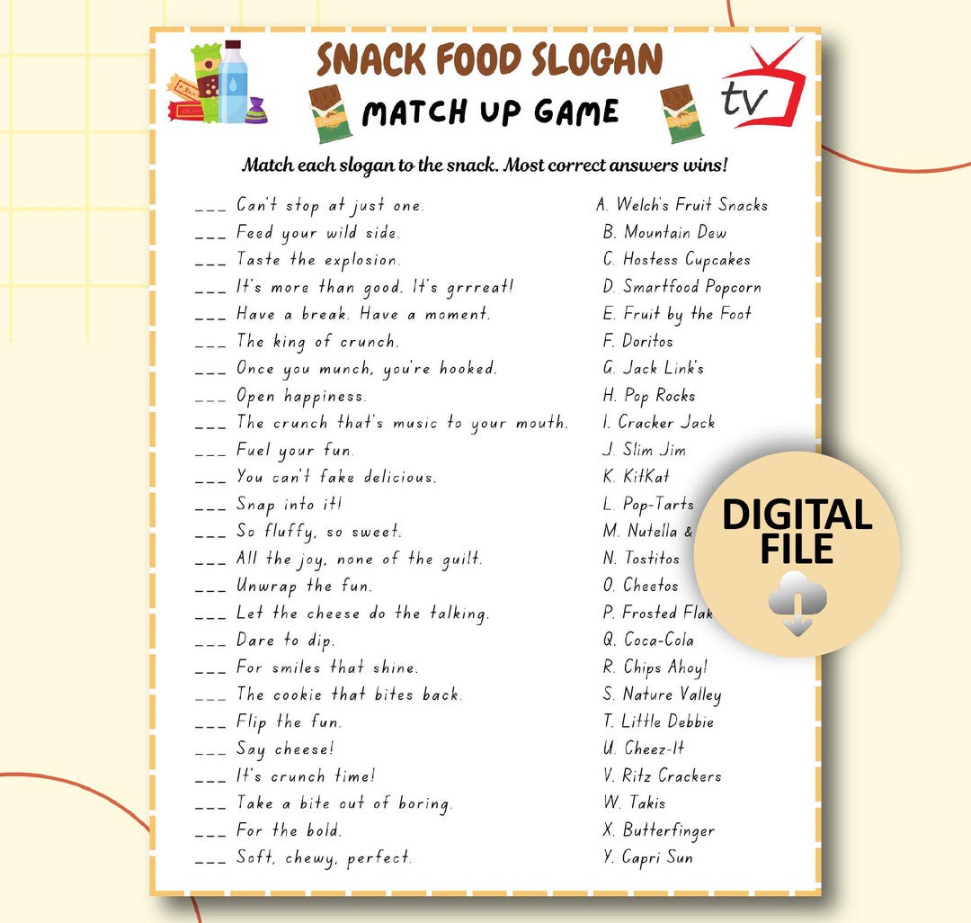Snack Food Slogan Trivia Game, Ad Slogan Match up Quiz, Food