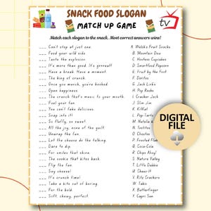 Snack Food Slogan Trivia Game, Ad Slogan Match Up Quiz, Food Themed Games, Snack Foods Trivia, Office Party Fun, Summer Icebreaker Party