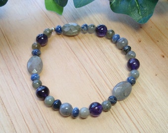 Labradorite with Amethyst and Sodalite Crystal Gemstone Beaded Elastic Bracelet