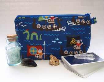 Sailing Vikings on Blue Large Padded Cotton Cosmetic Bag Zipper Pouch Inside Pocket