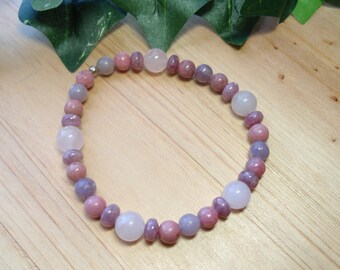 Rose Quartz Rhodonite Purple Lepidolite and Lilac Stone Crystal Gemstone Beaded Elastic Bracelet