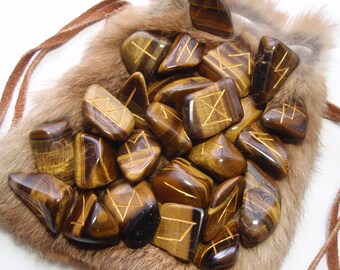 Elder Futhark Rune Set Large Golden Tigers Eye Gemstone Norse Viking Divination Tool Set of 25 Hand Made