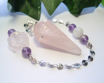 Rose Quartz with Rainbow Moonstone and Amethyst Gemstone Crystal Bead with Black Chain Dowsing Divination Pendulum