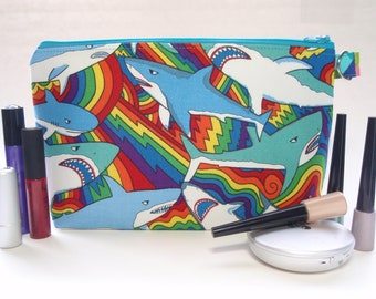 Shark Pride Rainbow Large Padded Cotton Cosmetic Bag Zipper Pouch Inside Pocket