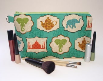 Darjeeling Darling Teal Large Padded Cotton Cosmetic Bag Zipper Pouch Inside Pocket