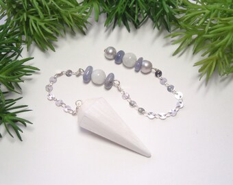 Scolecite with Rainbow Moonstone Tanzanite and Freshwater Pearl Gemstone Dowsing Divination Pendulum