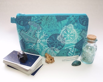 Teal Blue Mjolnir Futhark and Bindrunes Large Padded Cotton Cosmetic Bag Zipper Pouch Inside Pocket