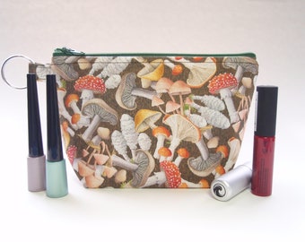 Mushrooms in Brown and Green Zipper Cosmetic Pouch