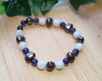 Amethyst with Rainbow Moonstone and Freshwater Pearls Crystal Gemstone Beaded Elastic Bracelet