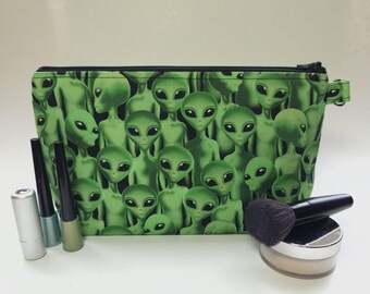 Little Green Friends Aliens Large Padded Cotton Cosmetic Bag Zipper Pouch Inside Pocket