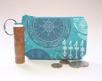 Teal Blue Mjolnir Futhark and Bindrunes Zipper Pouch Small Coin Purse or Dice Bag