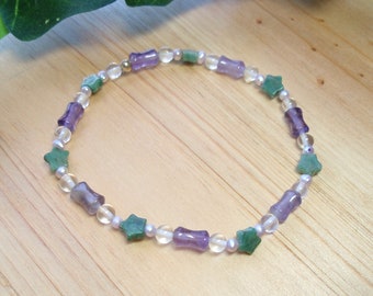 Dainty Green Aventurine with Amethyst and Clear Quartz Crystal and Freshwater Pearls Gemstone Beaded Elastic Bracelet