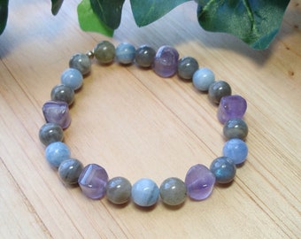 Amethyst Labradorite and Blue Italian Onyx Crystal Gemstone Beaded Elastic Bracelet