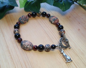 Bastet - Leopardskin Jasper with Black Onyx and Red Tigers Eye Crystal Gemstone Beaded Elastic Bracelet