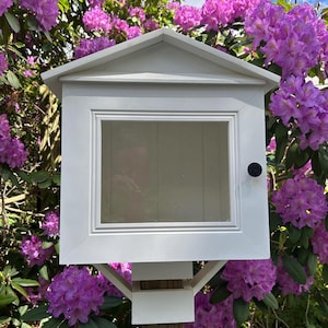 May include: A white, miniature house-shaped structure with a glass door and a black knob. The structure is mounted on a wooden post and surrounded by vibrant purple flowers. The design resembles a small library or storage unit.