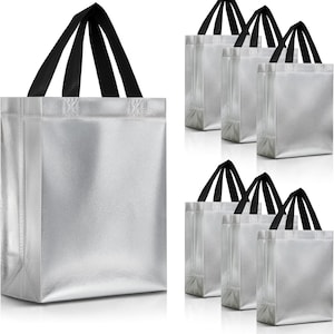 May include: Silver tote bags with black handles. The bags are made of a shiny, textured material and are shown in a group of six. The handles are a contrasting black color, providing a simple, modern design.