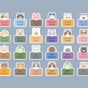 May include: Set of 20 colourful personalised name tags with cute animal illustrations. Each tag features a different animal, including cats, dogs, and bunnies. The tags are perfect for labelling belongings, backpacks, or lunchboxes.